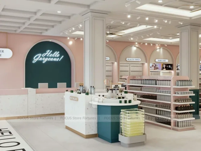 Classic Beauty Boutique with Green Cash Wrap Islands and Arches for Wig Shop