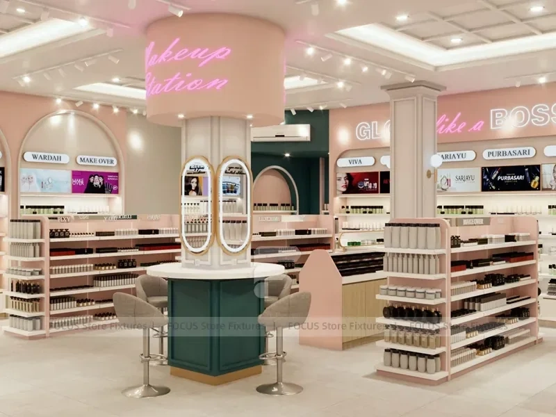 Classic Beauty Boutique with Green Cash Wrap Islands and Arches for Wig Shop