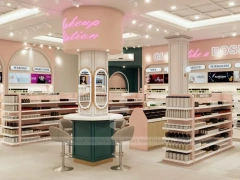 Classic Beauty Boutique with Green Cash Wrap Islands and Arches for Wig Shop