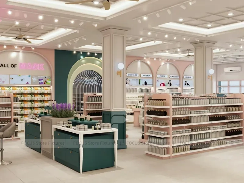 Classic Beauty Boutique with Green Cash Wrap Islands and Arches for Wig Shop