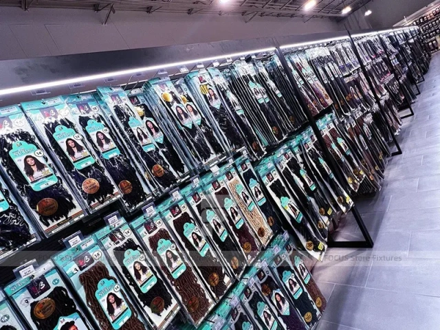 Close Up Black Metal Packaged Hair Extension Merchandising Wall for Beauty Store