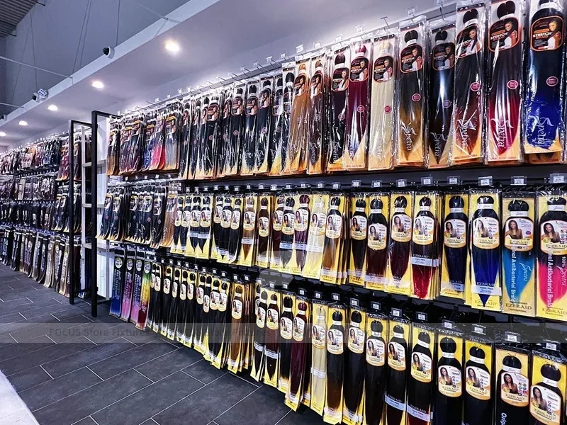 Close Up Black Metal Packaged Hair Extension Merchandising Wall for Beauty Store