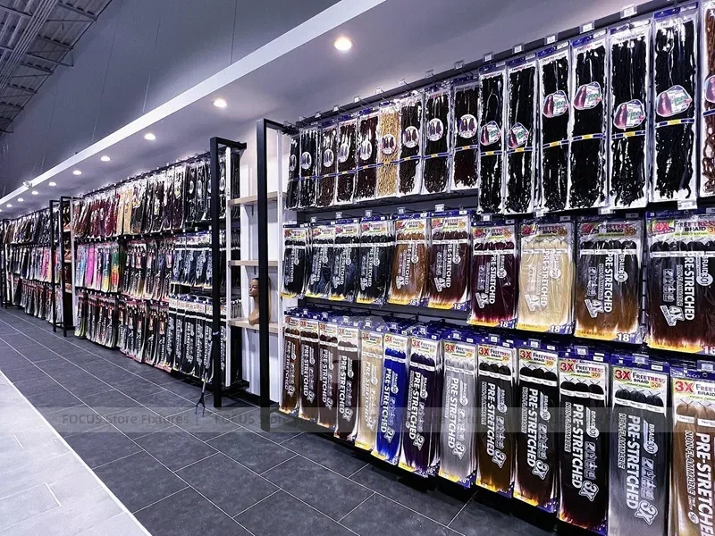 Close Up Black Metal Packaged Hair Extension Merchandising Wall for Beauty Store