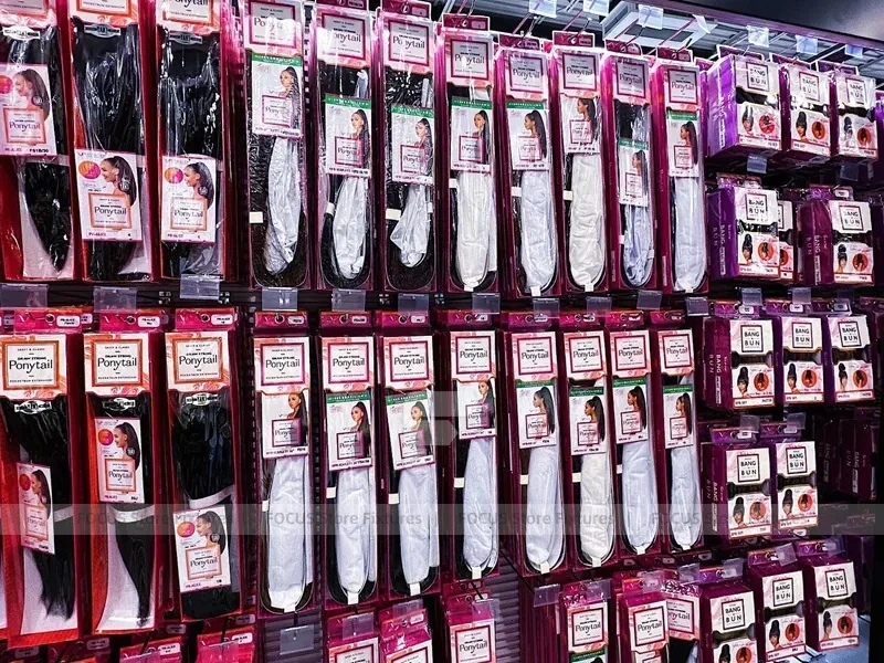 Close Up Packaged Hair Extension Pegboard Display Wall for Beauty Store