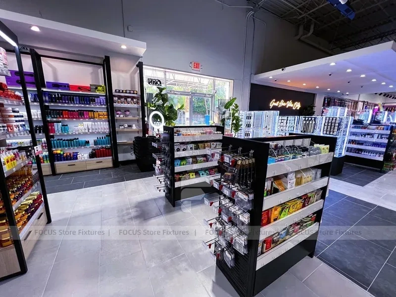 Compact Beauty Supply Checkout and Gondola Layout for Wig Shop