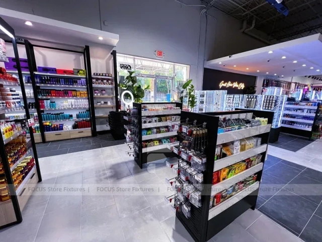 Compact Beauty Supply Checkout and Gondola Layout for Wig Shop