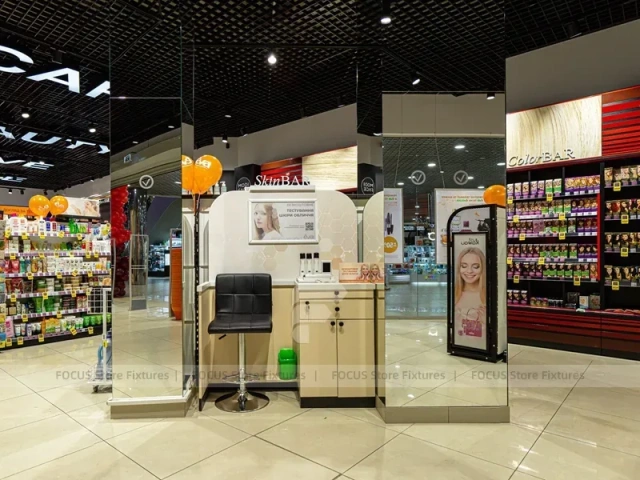 Cosmetic Demo Kiosk with Illuminated Mirrors and Display Towers for Beauty Store