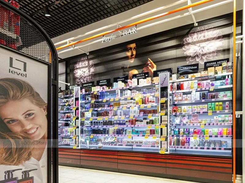 Cosmetic Demo Kiosk with Illuminated Mirrors and Display Towers for Beauty Store