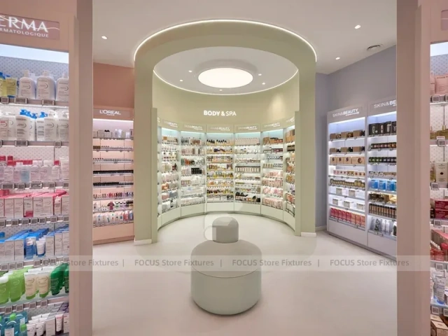 Cream Beauty Shop with Green Accent Curved Backwall for Wig Shop