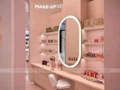 Cream Beauty Shop with Green Accent Curved Backwall for Wig Shop