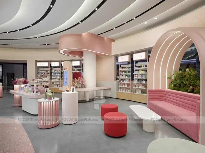 Curved Luxury Beauty Lounge with Pink Banquette Seating for Wig Shop