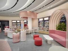 Curved Luxury Beauty Lounge with Pink Banquette Seating for Wig Shop