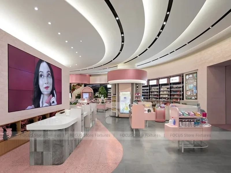 Curved Luxury Beauty Lounge with Pink Banquette Seating for Wig Shop