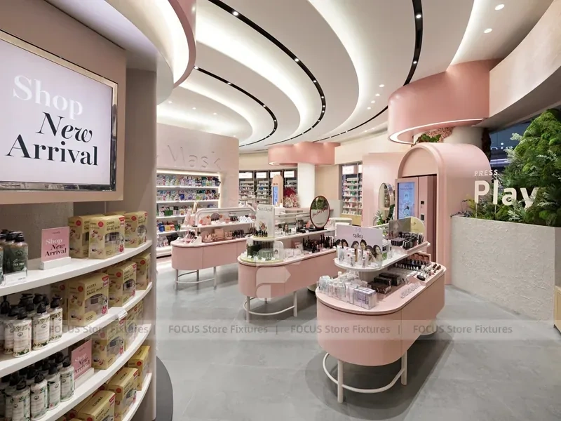 Curved Pink Beauty Boutique with New Arrival Islands for Wig Shop