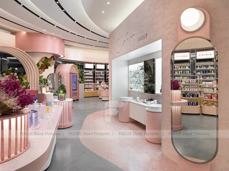 Curved Pink Beauty Boutique with New Arrival Islands for Wig Shop