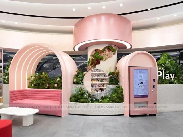 Curved Pink Beauty Boutique with New Arrival Islands for Wig Shop