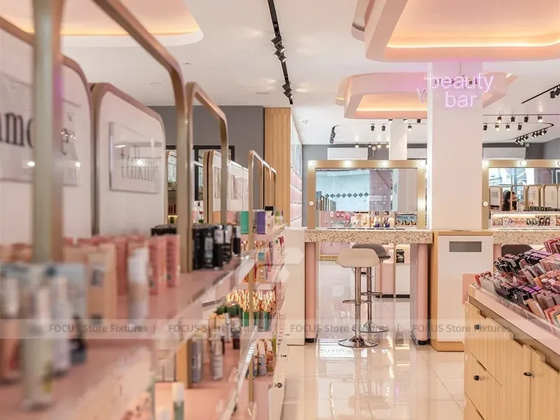 Curved Pink Cosmetics Boutique with Arch Wall Bays for Wig Shop