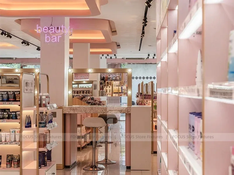 Curved Pink Cosmetics Boutique with Arch Wall Bays for Wig Shop