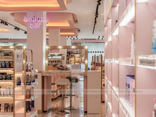Curved Pink Cosmetics Boutique with Arch Wall Bays for Wig Shop