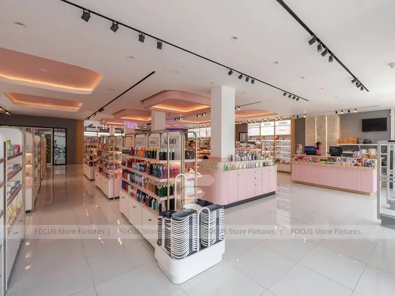Curved Pink Cosmetics Boutique with Arch Wall Bays for Wig Shop