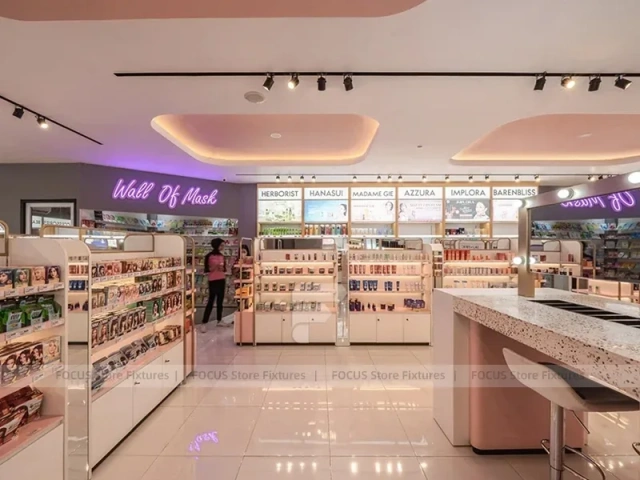 Curved Pink Cosmetics Boutique with Arch Wall Bays for Wig Shop