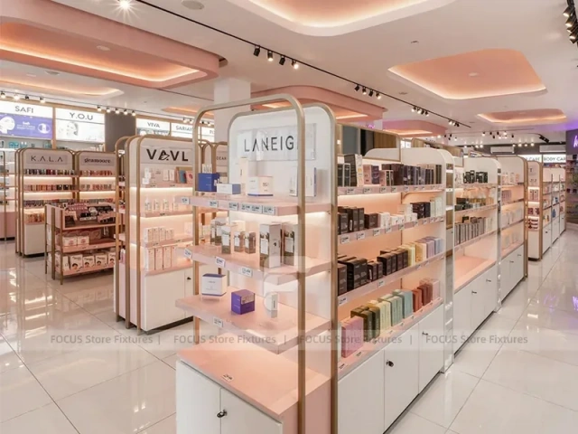 Curved Pink Cosmetics Boutique with Arch Wall Bays for Wig Shop