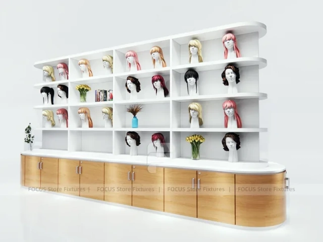 Curved White Wig Display Wall with Wood Base Cabinets for Beauty Store