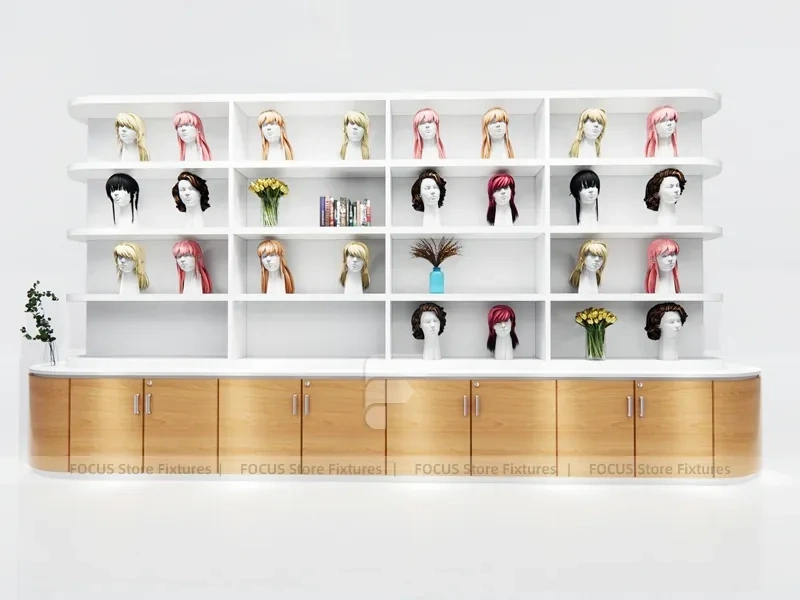 Curved White Wig Display Wall with Wood Base Cabinets for Beauty Store