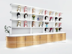 Curved White Wig Display Wall with Wood Base Cabinets for Beauty Store