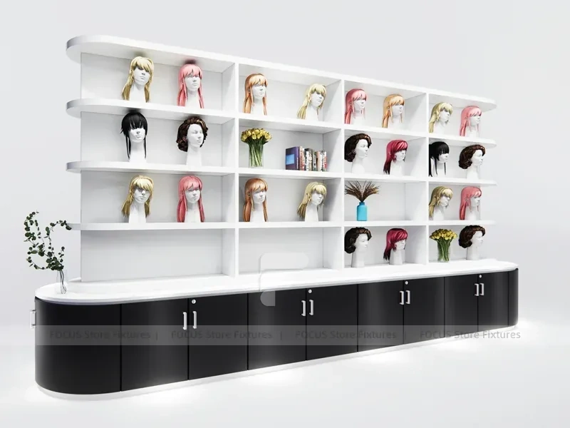 Curved White Wig Display Wall with Wood Base Cabinets for Beauty Store