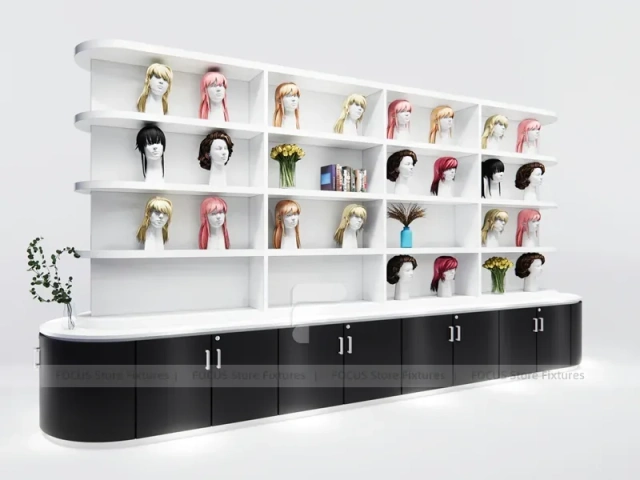 Curved White Wig Display Wall with Wood Base Cabinets for Beauty Store
