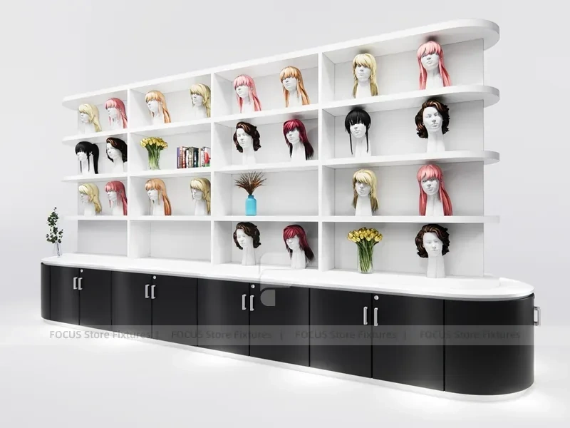 Curved White Wig Display Wall with Wood Base Cabinets for Beauty Store