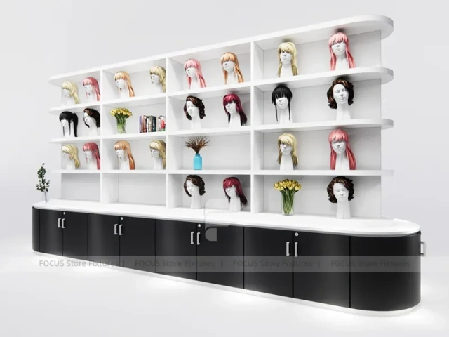 Curved White Wig Display Wall with Wood Base Cabinets for Beauty Store