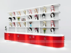 Curved White Wig Display Wall with Wood Base Cabinets for Beauty Store
