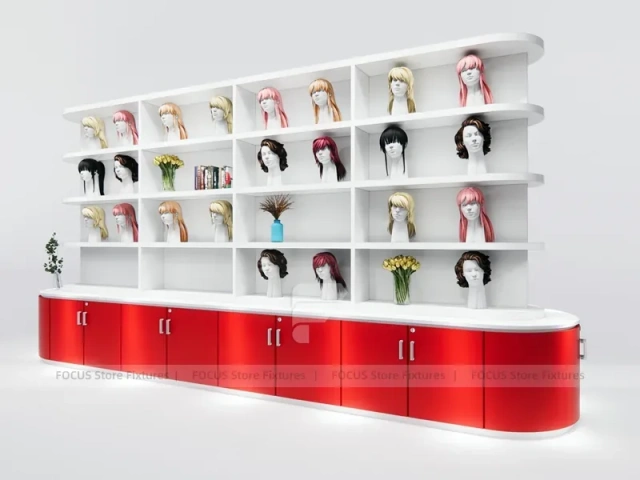 Curved White Wig Display Wall with Wood Base Cabinets for Beauty Store