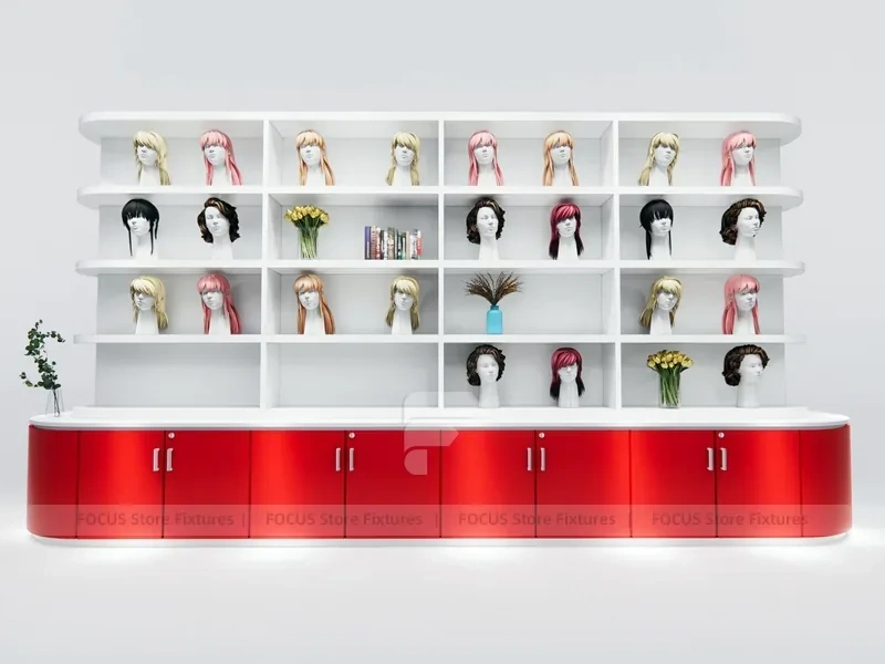 Curved White Wig Display Wall with Wood Base Cabinets for Beauty Store
