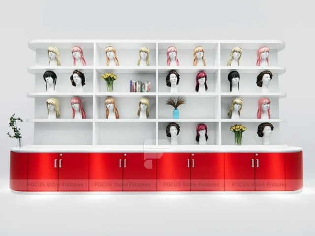 Curved White Wig Display Wall with Wood Base Cabinets for Beauty Store