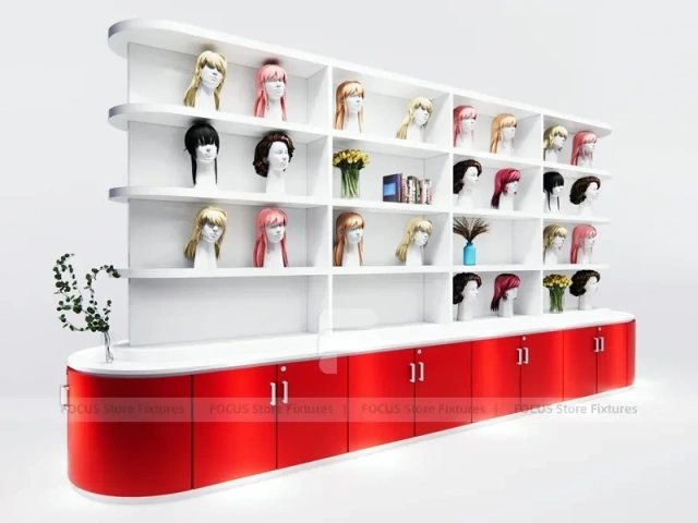 Curved White Wig Display Wall with Wood Base Cabinets for Beauty Store