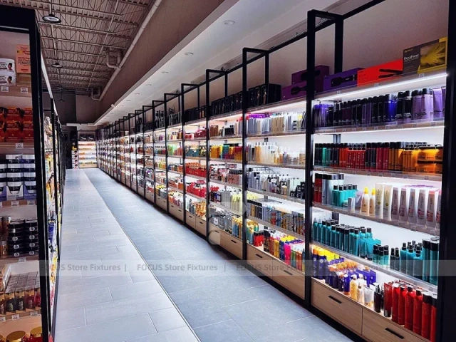 Extra Long Beauty Supply Wall Shelving with LED Lit Header for Wig Shop