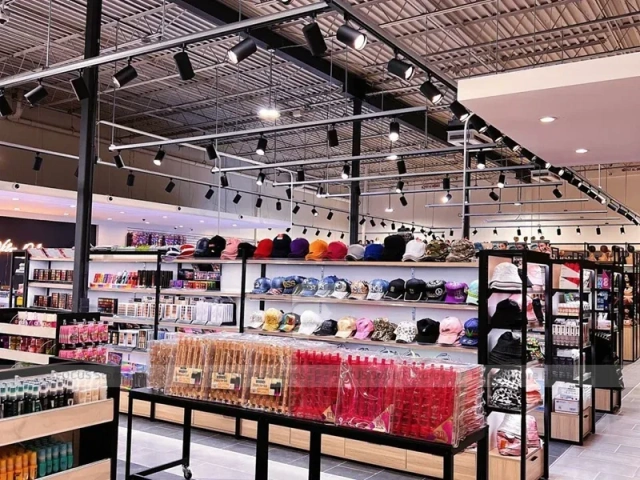 Extra Long Beauty Supply Wall Shelving with LED Lit Header for Wig Shop
