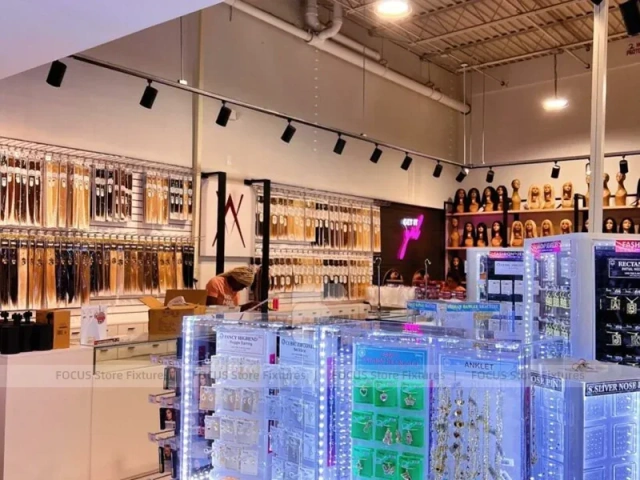 Extra Long Beauty Supply Wall Shelving with LED Lit Header for Wig Shop