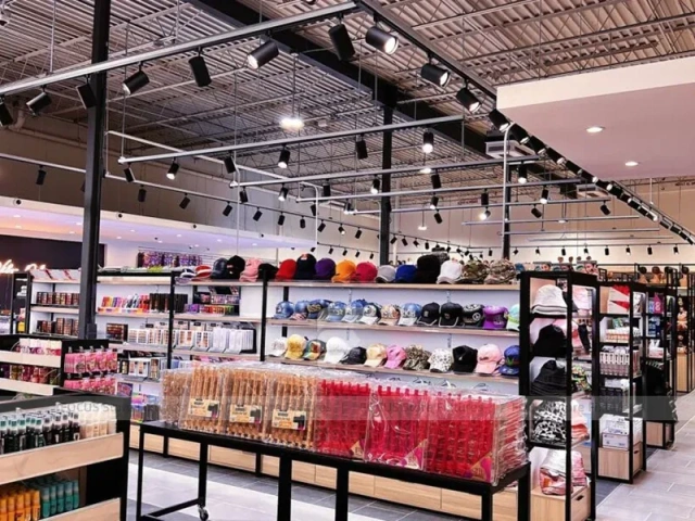 Extra Long Beauty Supply Wall Shelving with LED Lit Header for Wig Shop