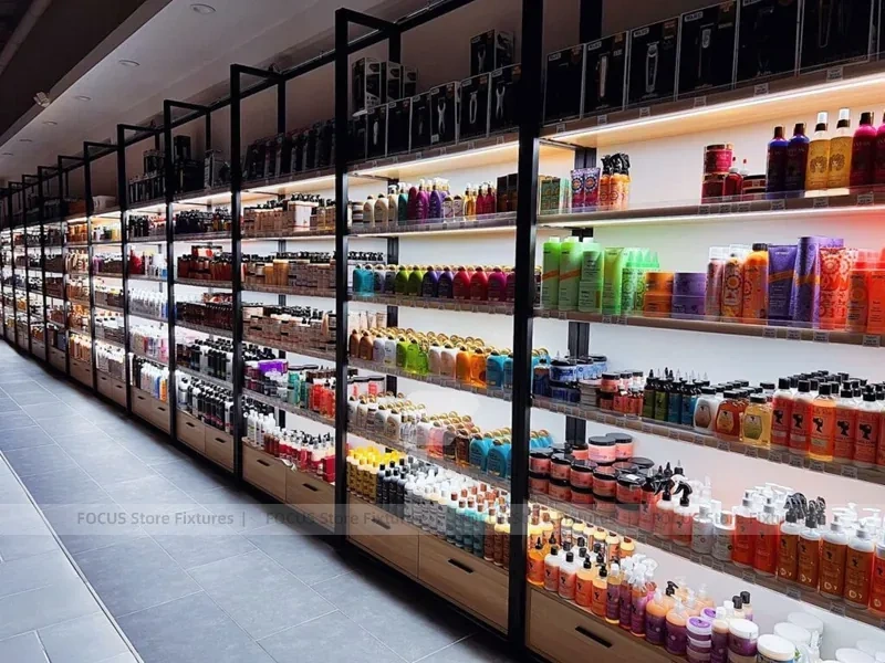 Extra Long Beauty Supply Wall Shelving with LED Lit Header for Wig Shop