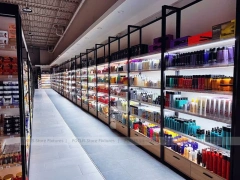 Extra Long Beauty Supply Wall Shelving with LED Lit Header for Wig Shop