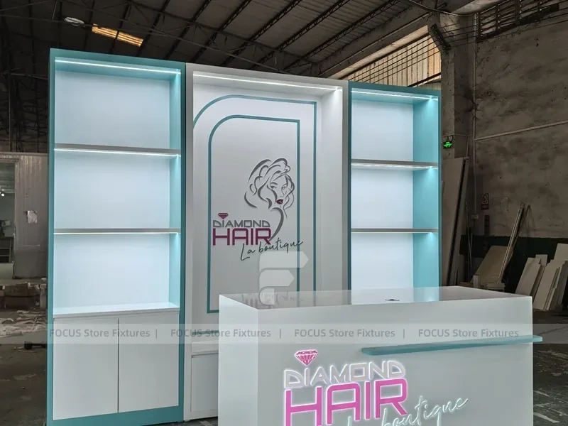 Illuminated Diamond Hair Reception Desk with Backlit Wall for Wig Store
