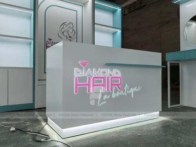 Illuminated Diamond Hair Reception Desk with Backlit Wall for Wig Store