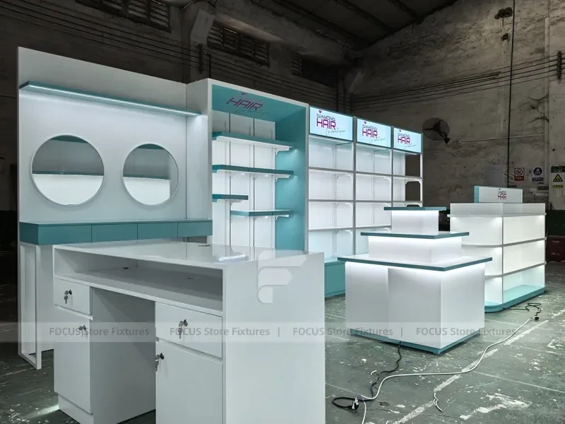 Illuminated Diamond Hair Reception Desk with Backlit Wall for Wig Store