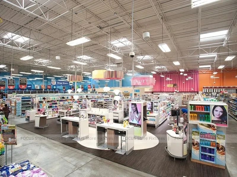 Large Cosmetics Supermarket with Circular Promo Tables for Wig Shop