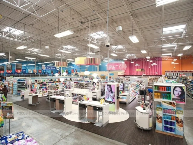Large Cosmetics Supermarket with Circular Promo Tables for Wig Shop