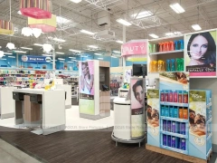 Large Cosmetics Supermarket with Circular Promo Tables for Wig Shop